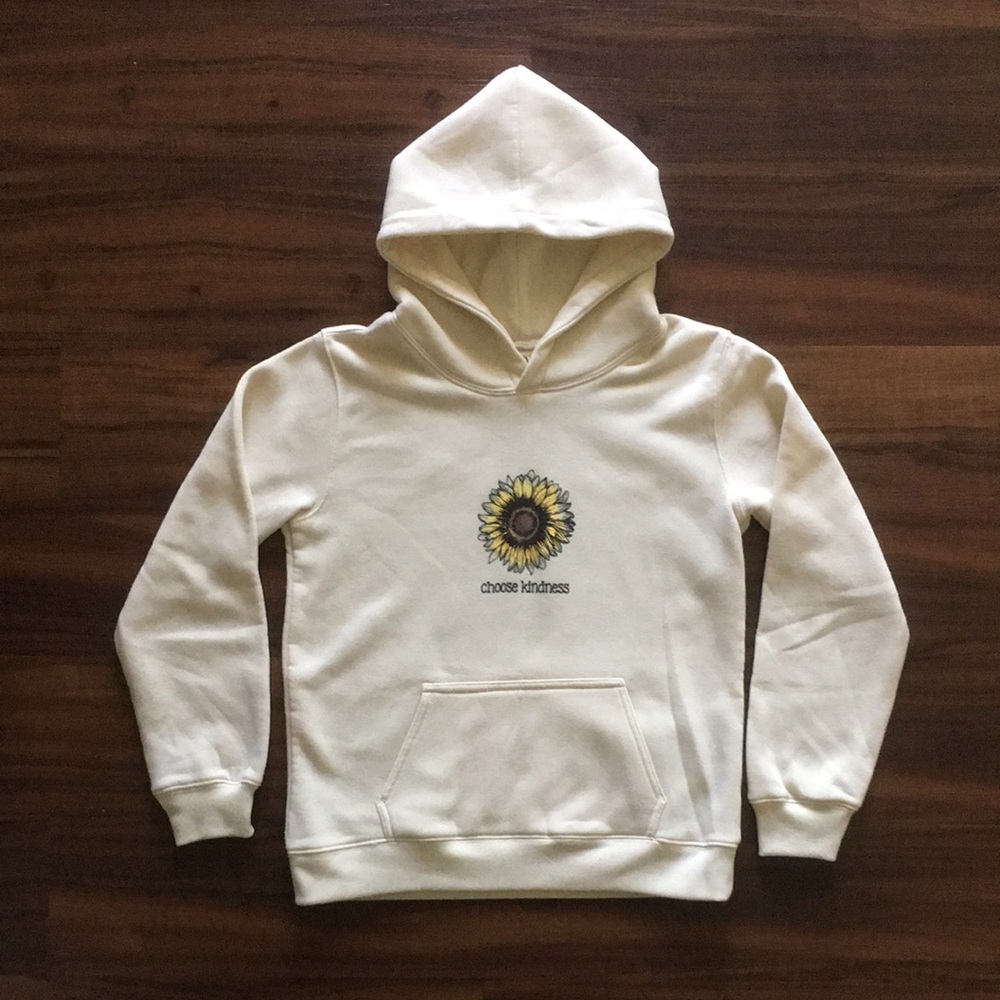 RSQ Sz XL Kid Cream Pullover Hoodie Sweatshirt Choose Kindness Sunflower Graphic